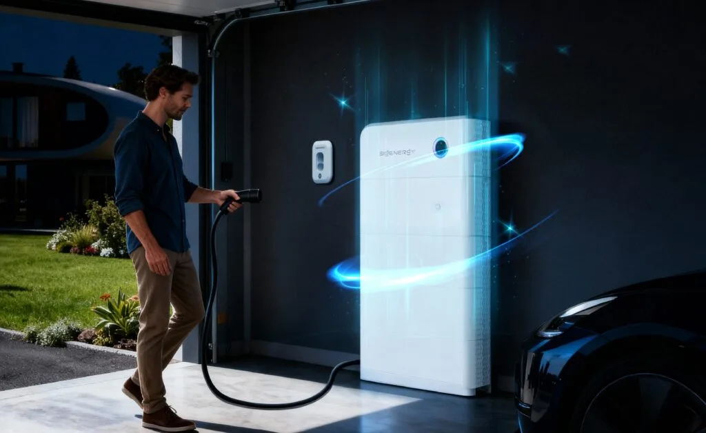 SigenStor EVDC charger upgrade visual with user standing adjacent to a Sigenergy Sigenstor stack and symbolised magic
